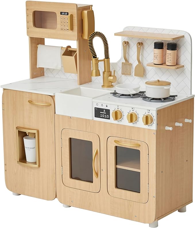 Teamson Kids Little Chef Cyprus Medium Wooden Play Kitchen with Interactive, Realistic Features, and 14 Kitchen Accessories