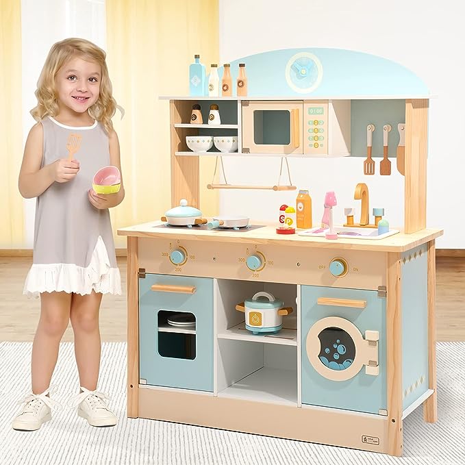 ROBUD Wooden Play Kitchen Set for Kids Toddlers, Toy Kitchen Gift for Boys Girls