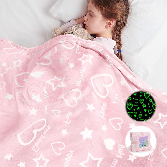 Glow in The Dark Pink Heart Stars Throws Blanket