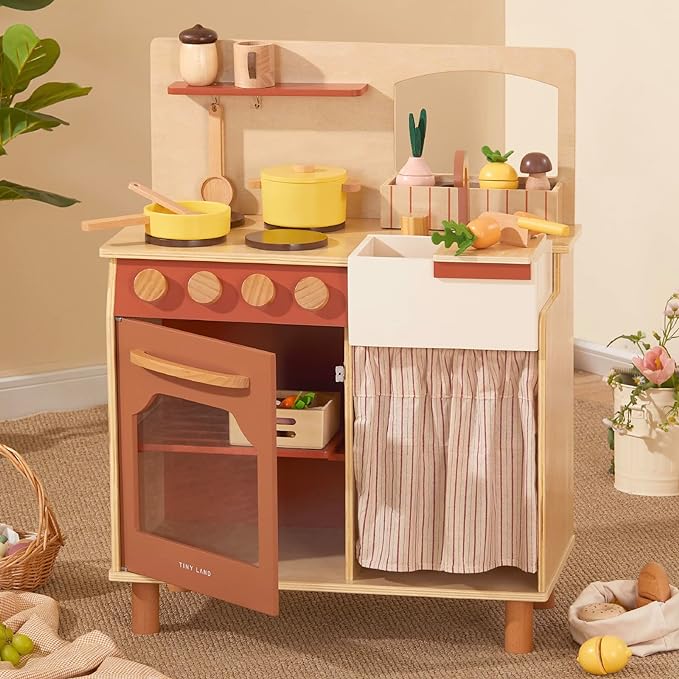 Tiny Land Play Kitchen Set, Toddler Kitchen with Cutting Food Set, Wooden Kitchen Sets for Kids