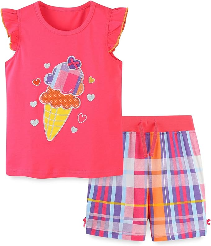 Girl Summer Short Set Cotton Outfits Short Sleeveless Tee T Shirt Tank Top Shorts Pant 2PC Set