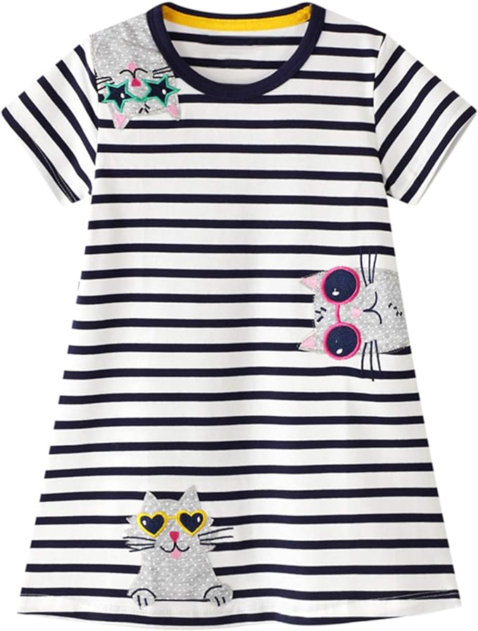 HILEELANG Little Girls Short Sleeve Dresses Easter Summer Cotton Casual Swing Twirly Sundress