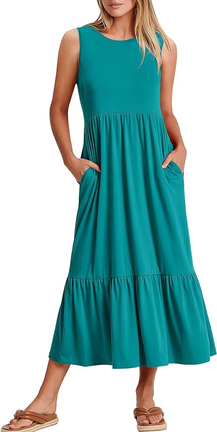 ANRABESS Sleeveless Crewneck Swing Sundress Fit & Flare Flowy Tiered Maxi Dress with Pockets